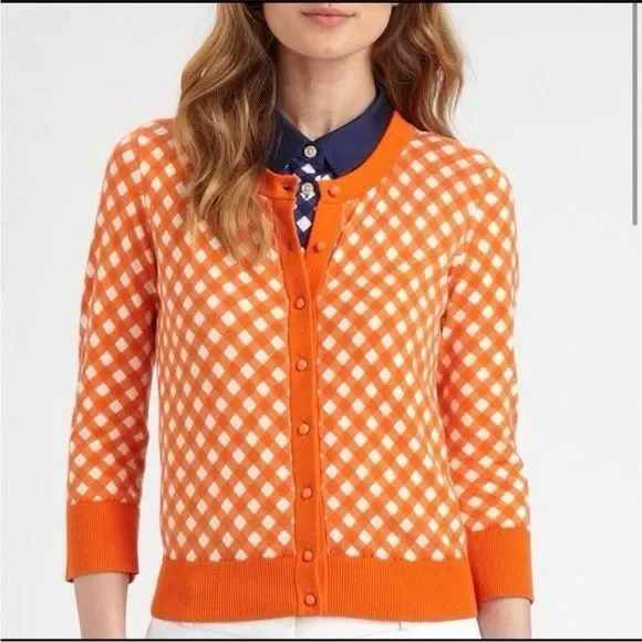 Kate Spade live colorfully Gingham Kati Cardigan Orange Checkered Cotton Size L - Picture 2 of 6